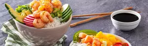 Banner receta Poke Bowl de camarones apanados con coco